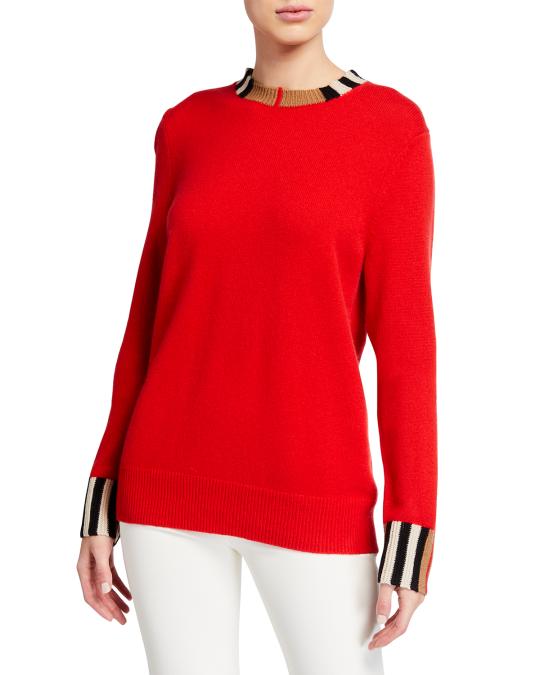 Burberry Eyre Cashmere Sweater w/ Icon Stripe Trim | Neiman Marcus