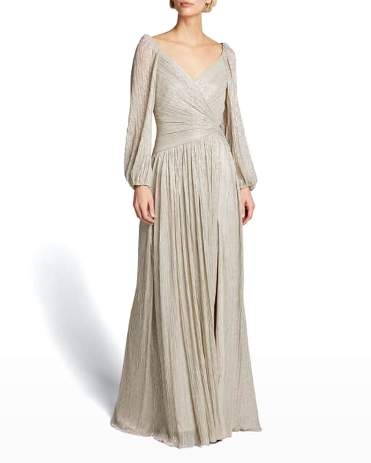 SIMKHAI Adele Lame Plisse Wrap Gown Neiman Marcus