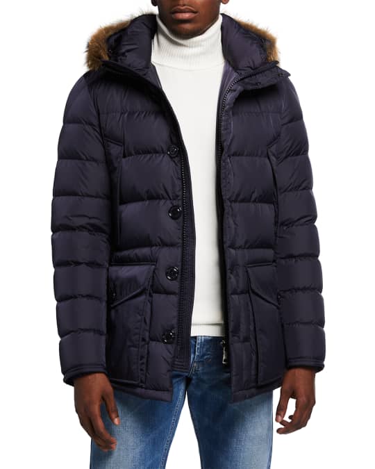 Moncler Men's Cluny Quilted Puffer Jacket w/ Fur Trim | Neiman Marcus