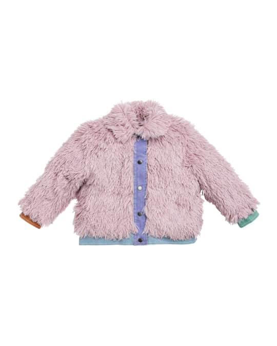 Girl's Faux Fur Jacket w/ Denim Trim, Size 4-14