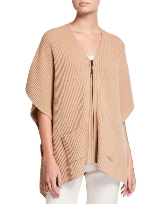 Embellished Zipper Pull Cashmere Poncho