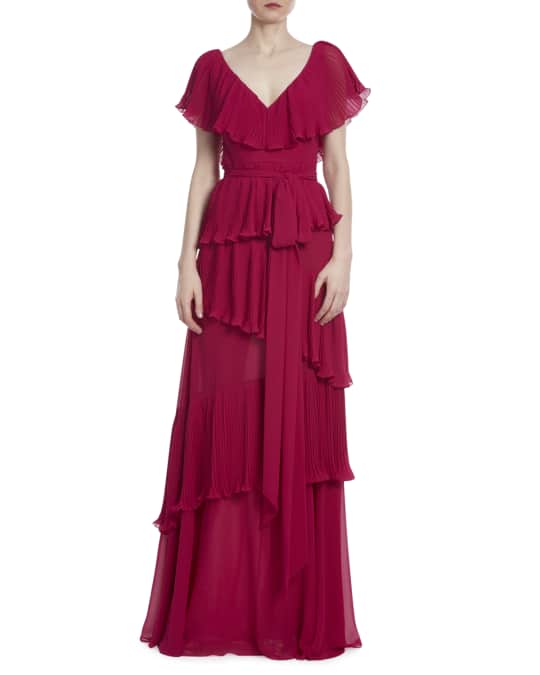 Badgley Mischka Collection Pleated Tiered Ruffle Gown | Neiman Marcus