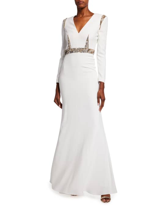 Alexander McQueen Long-Sleeve V-Neck Gown w/ Lace | Neiman Marcus