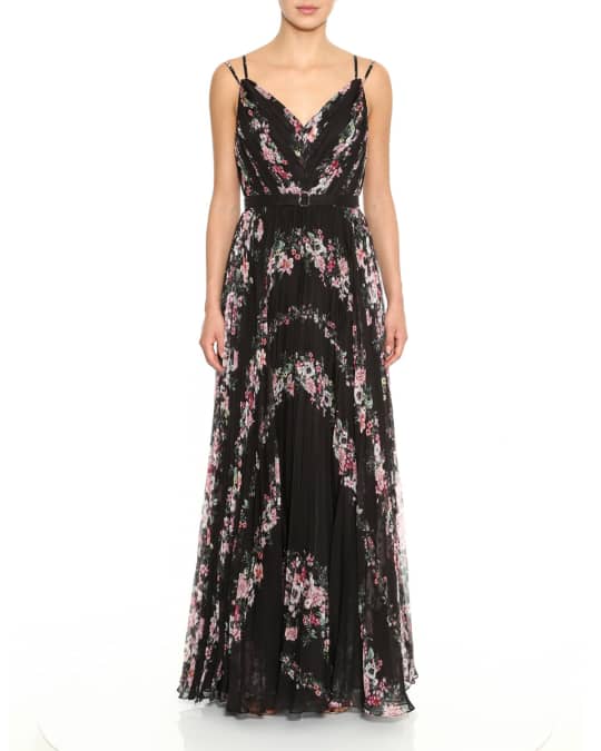 Marchesa Notte Floral Print Sleeveless Pleated Chiffon Gown | Neiman Marcus