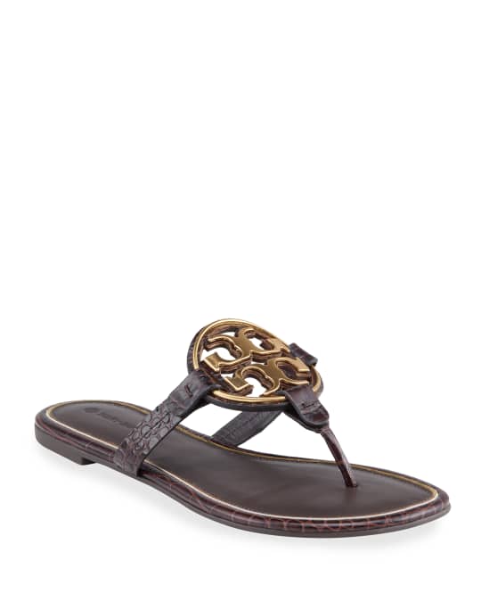 Tory Burch Miller Mock-Croc Metal Logo Slide Sandals | Neiman Marcus