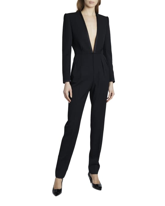 Saint Laurent Deep V-Neck Long-Sleeve Suit Styled Jumpsuit | Neiman Marcus