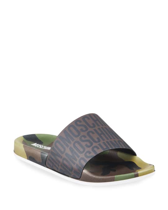 Moschino Men's Camo-Printed Logo Slide Sandals | Neiman Marcus