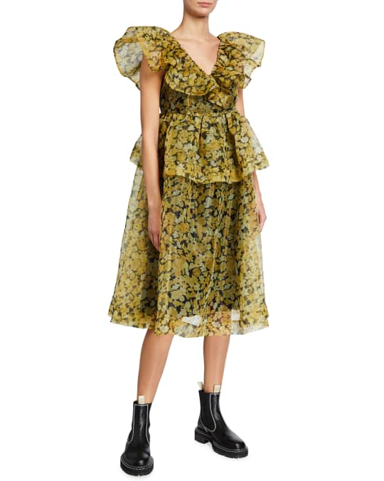 Ganni Angel V Neck Floral Print Organza Midi Dress Neiman Marcus