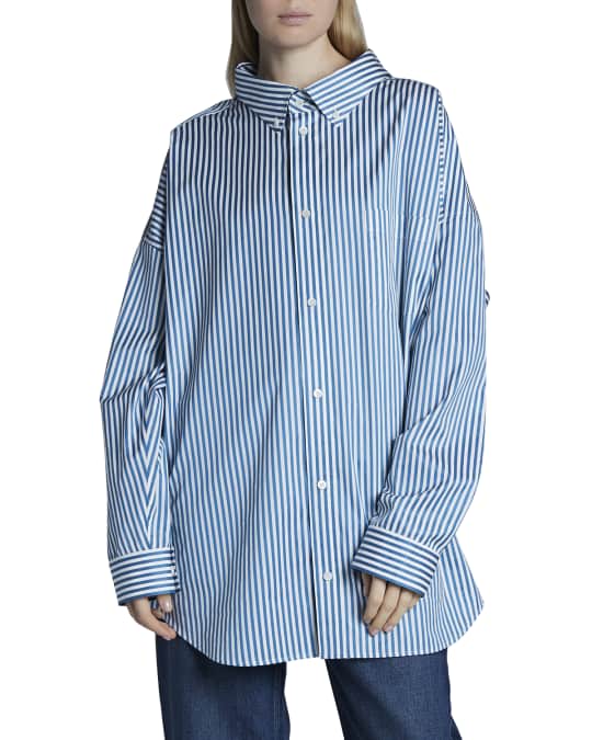 Balenciaga Logo-Back Satin Striped Poplin Swing Shirt | Neiman Marcus