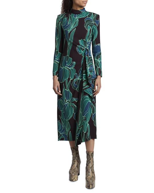 Dries Van Noten Floral-Print Cascading Ruffle Long-Sleeve Midi Dress ...