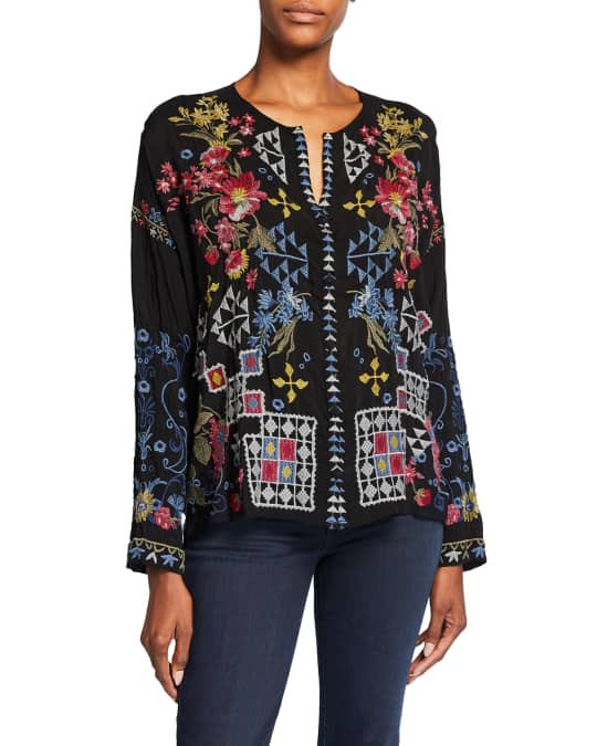 Johnny Was Sybil Button-Front Embroidered Blouse | Neiman Marcus