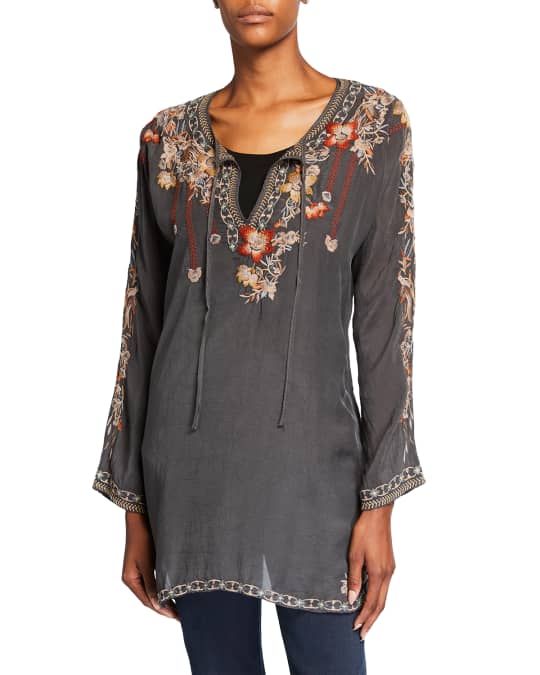 Johnny Was Gemma Floral Embroidered Long-Sleeve Blouse | Neiman Marcus