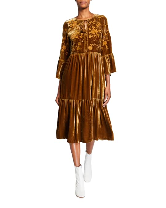 Johnny Was Millie Floral Embroidered Velvet Boho Midi Dress | Neiman Marcus