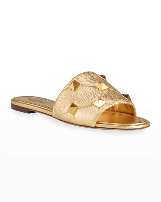 Valentino Garavani Roman Stud Metallic Slide Sandals | Neiman Marcus