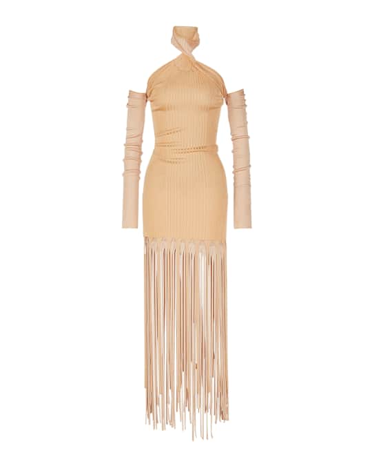 Bottega Veneta Fringe Ribbed-Knit Halter Dress | Neiman Marcus