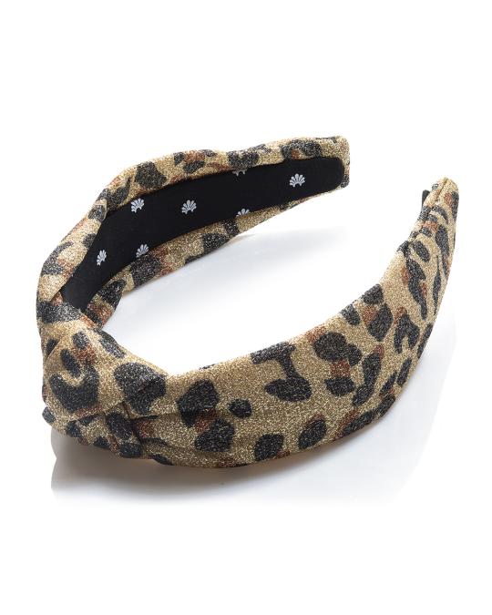 LELE SADOUGHI Metallic Leopard Print Knotted Headband Lele Sadoughi Leopard Knot Headband in Tan, Black & Mustard main image 4