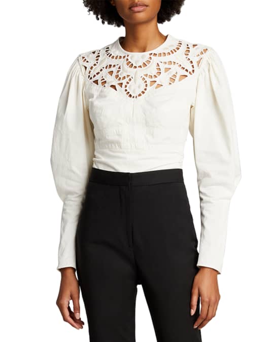 Embroidered Puff-Sleeve Cotton Top