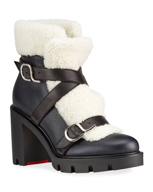 Christian Louboutin Pole Chic Shearling Red Sole Combat Booties, Black ...