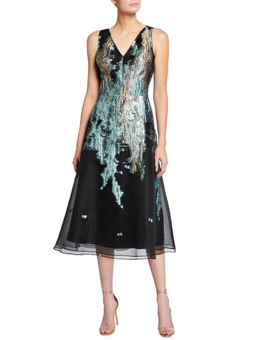 Rickie Freeman for Teri Jon V-Neck Sleeveless Metallic Jacquard Dress ...
