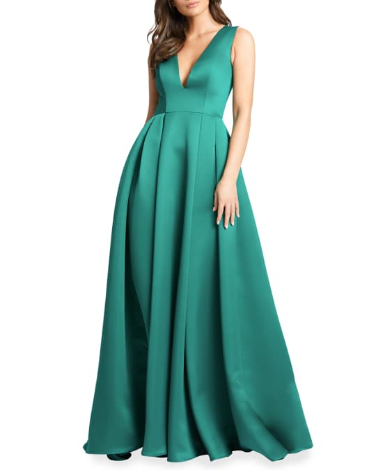 Ieena for Mac Duggal Plunging V-Neck Box-Pleated Satin A-Line Gown | Neiman  Marcus