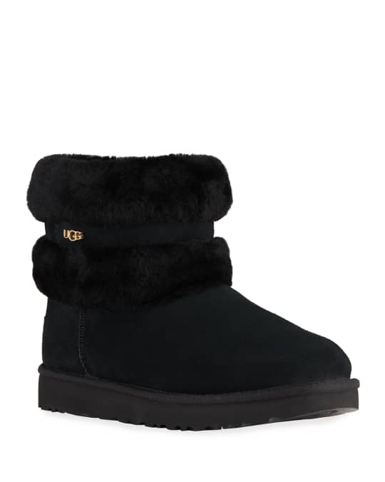 UGG Fluff Mini Belted Suede Ankle Boots w/ Shearling Cuff | Neiman Marcus