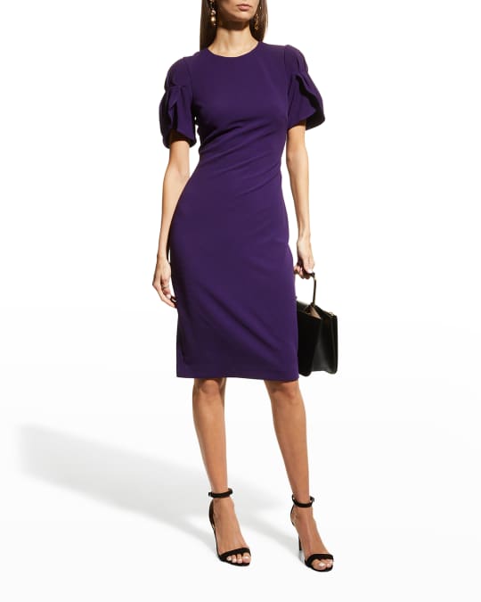 Badgley Mischka Collection Tulip-Sleeve Crepe Sheath Dress | Neiman Marcus