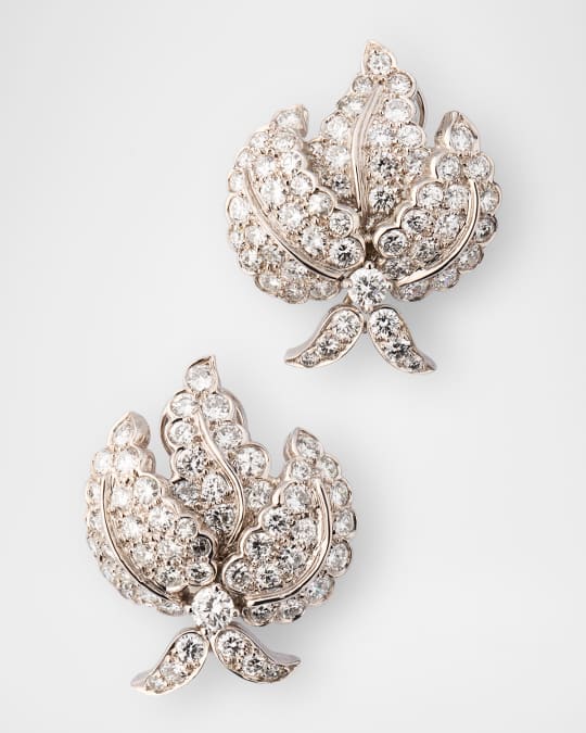 Estate Platinum Floral Leaf Clip-On Earrings with Diamonds