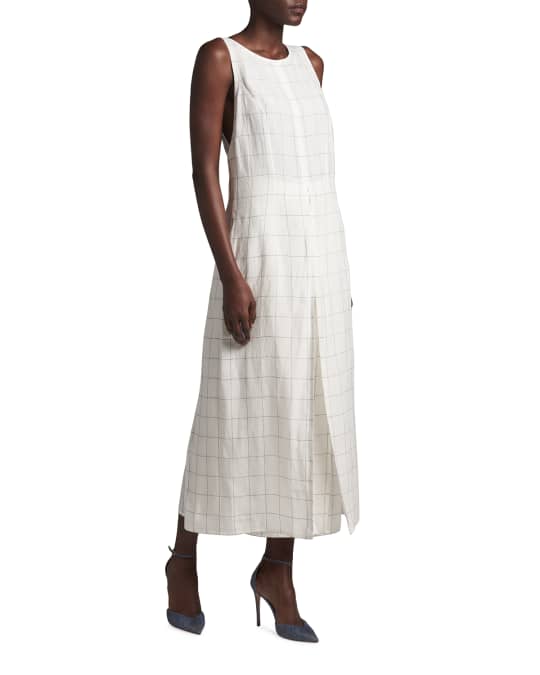 Giorgio Armani Windowpane Check Sleeveless Linen Midi Dress | Neiman Marcus