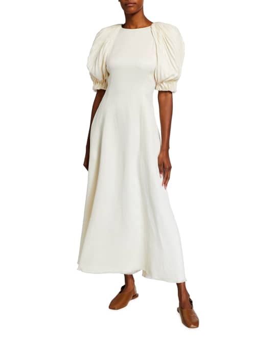 Gabriela Hearst Puga Pleated Puff-Sleeve Linen Midi Dress | Neiman Marcus