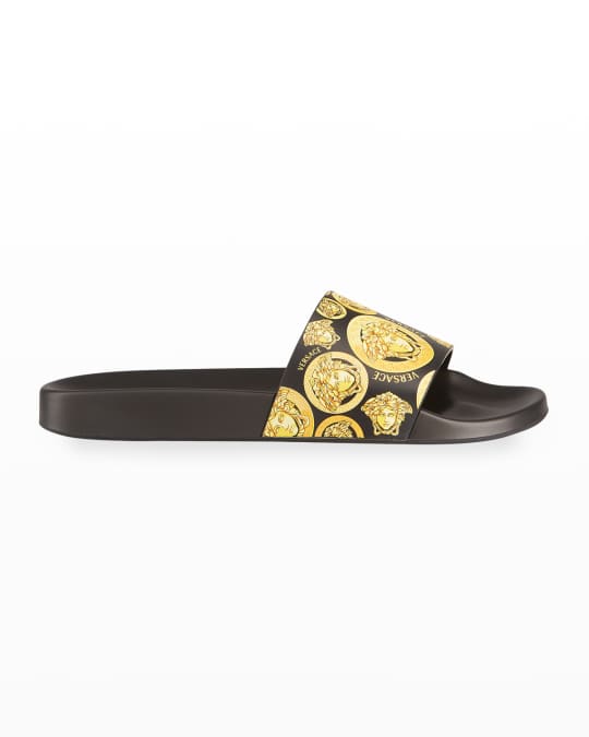 Versace Medallion Coin-Print Pool Slide Sandals | Neiman Marcus