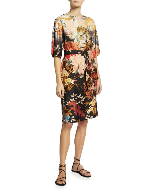 Etro Floral-Print Silk Twill Elbow-Sleeve Dress | Neiman Marcus