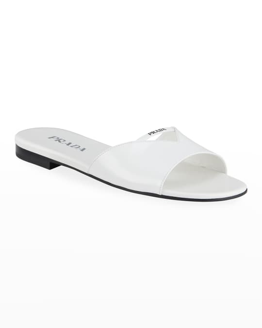 Prada Leather Logo Flat Slide Sandals | Neiman Marcus