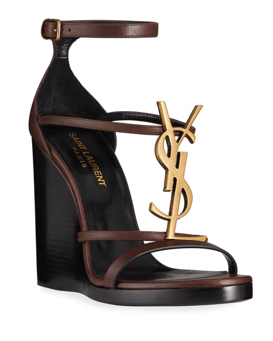 Saint Laurent Cassandra Leather YSL Wedge Sandals | Neiman Marcus