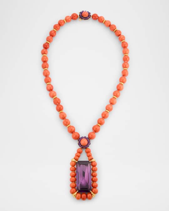 Estate 18K Yellow Gold Coral Bead and Amethyst Necklace