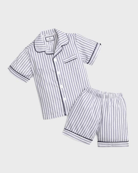Boy's French Ticking Striped Pajama Set w/ Contrast Piping, Size 6M-14