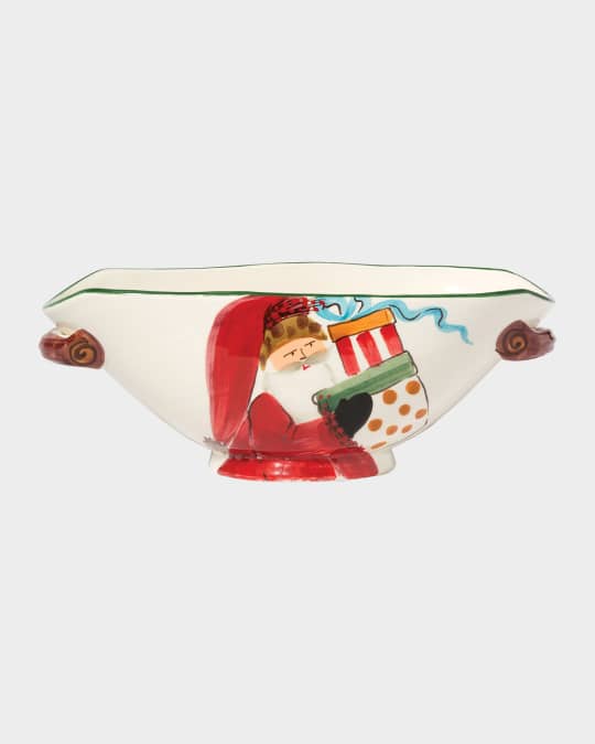 Old St. Nick Handled White Oval Bowl with Presents