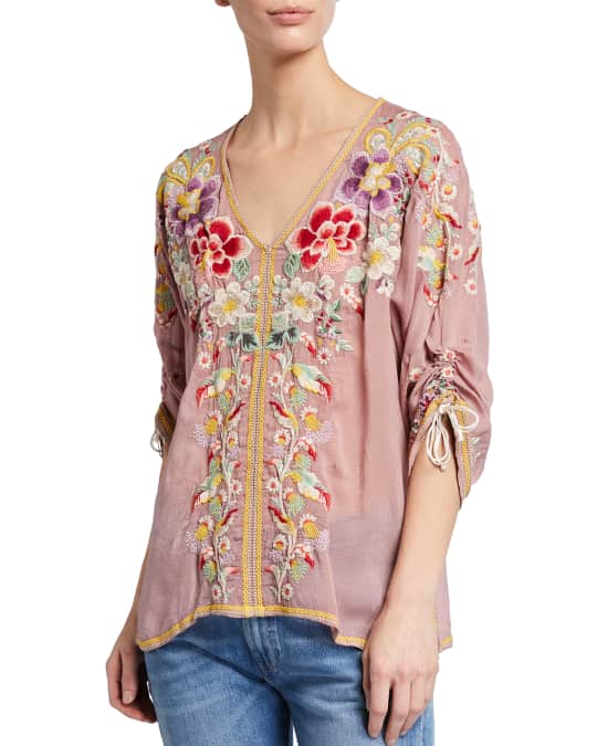 Johnny Was Evangeline Floral Embroidered Cinched-Sleeve Top | Neiman Marcus
