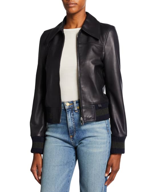Leather Bomber Jacket w Stripe Knit Trim