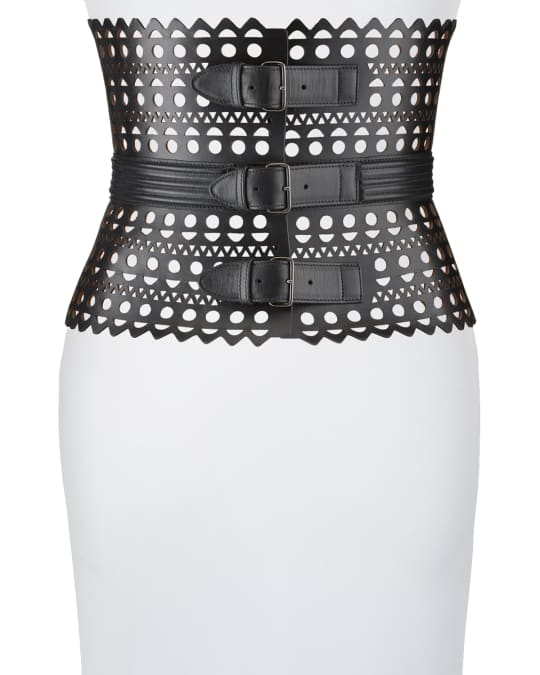 Openwork Wide Triple-Buckle Leather Corset Belt