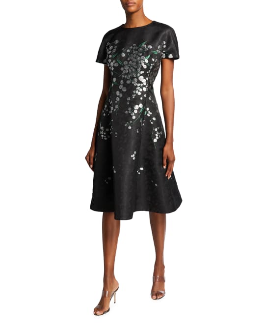 Rickie Freeman for Teri Jon Cap-Sleeve Floral Jacquard Dress | Neiman ...