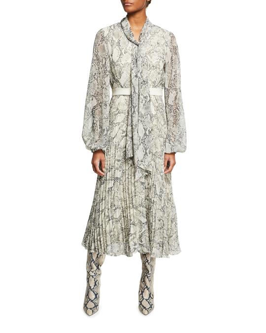 Toccin Python Print Bow-Neck Midi Dress | Neiman Marcus