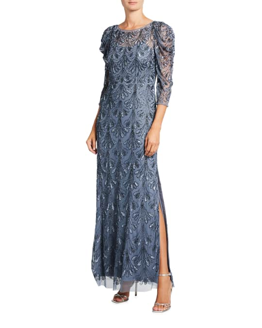 Aidan Mattox 3/4-Sleeve Fully Beaded Column Gown | Neiman Marcus