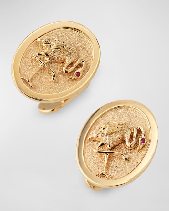 Estate 14K Yellow Gold Oval Flamingo Cufflinks with Ruby Eyes