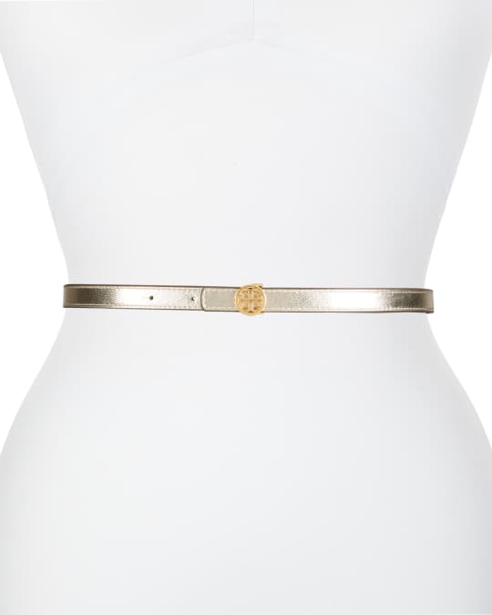 Tory Burch Skinny Metallic Leather Logo Belt | Neiman Marcus