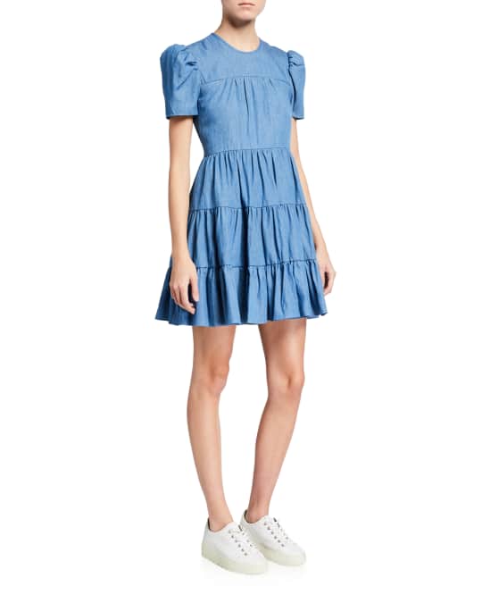 Likely River Mini Puff-Sleeve Tiered Dress | Neiman Marcus