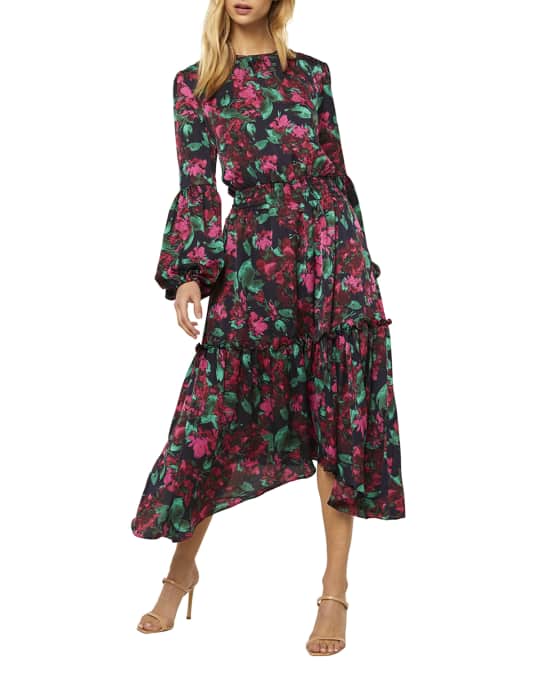 MISA Los Angeles Simone Satin Floral Midi Dress | Neiman Marcus