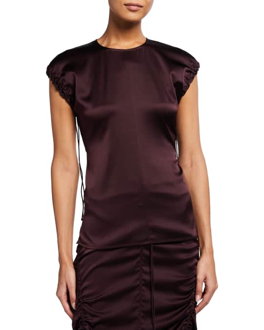 Helmut Lang Ruched Satin Cap Sleeve Top Neiman Marcus