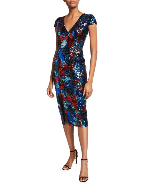 Elin Sequin Floral Cap Sleeve Sheath Dress