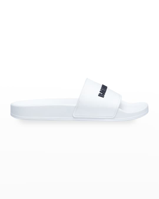 Balenciaga Logo Pool Slide Sandals, White | Neiman Marcus