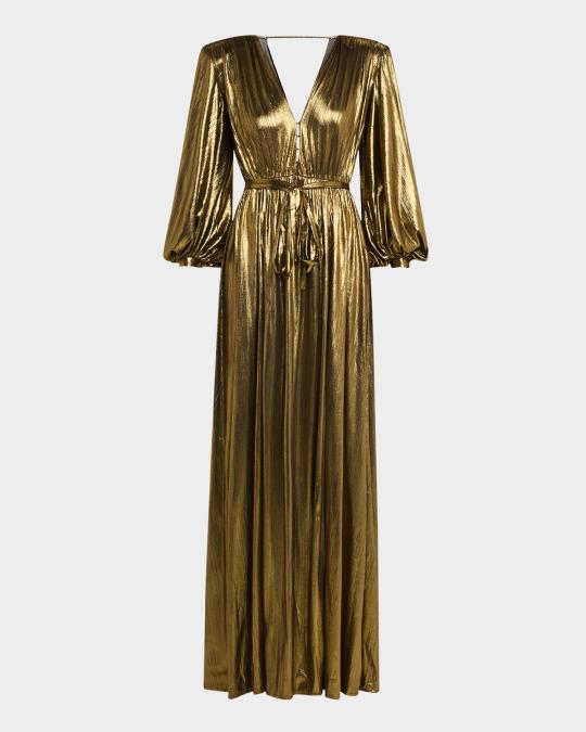 bronx and banco metallic dress Bronx Banco Zoe Metallic Lame Blouson-Sleeve Gown